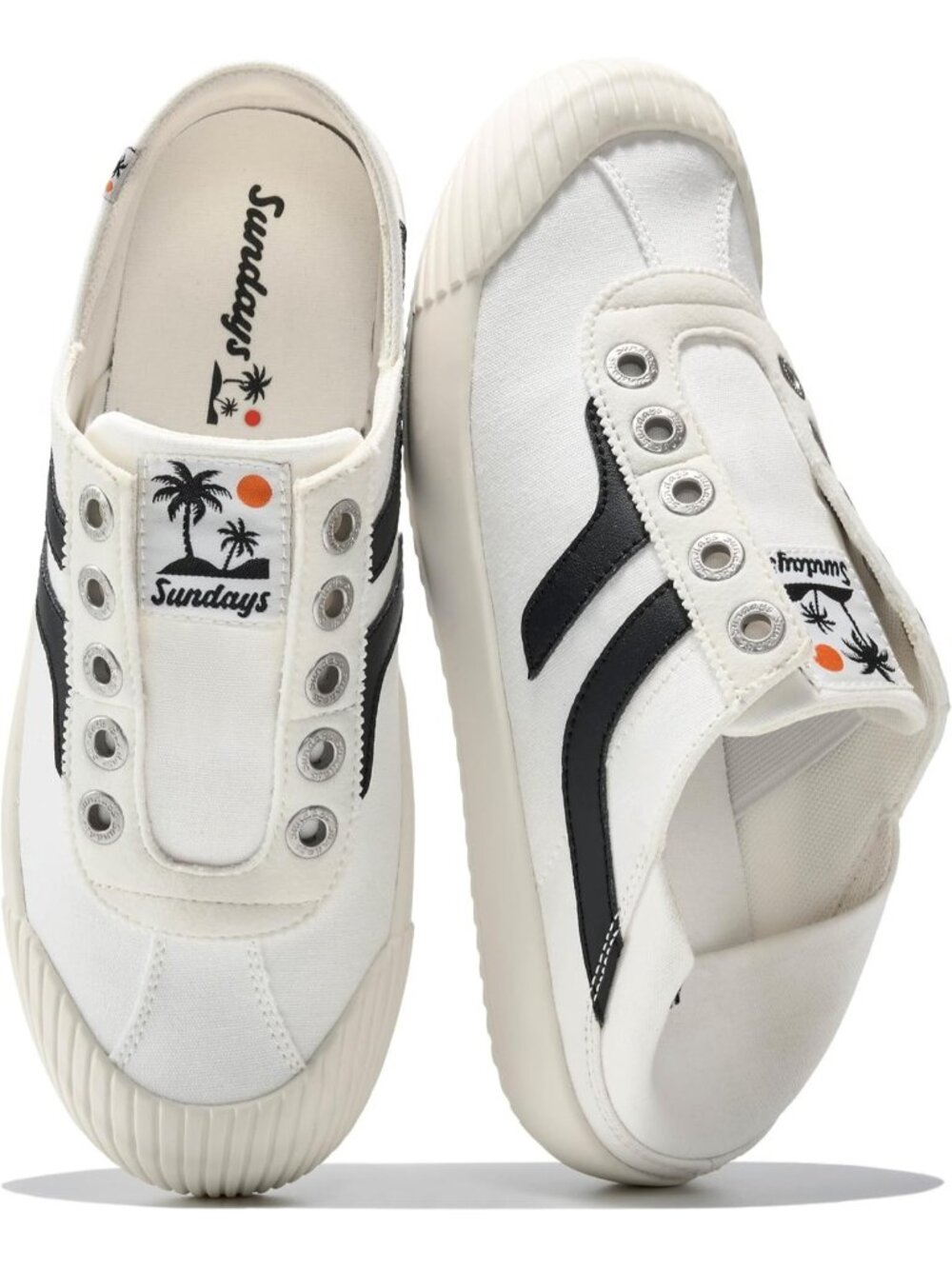 Women's White And Black Memory Foam Insole Backless Mule Canvas Sneaker Shoes